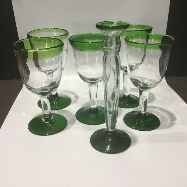 Hand Blown Mexican Green Glass Goblets Set of 5 Recycled Artisan Wine Glasses