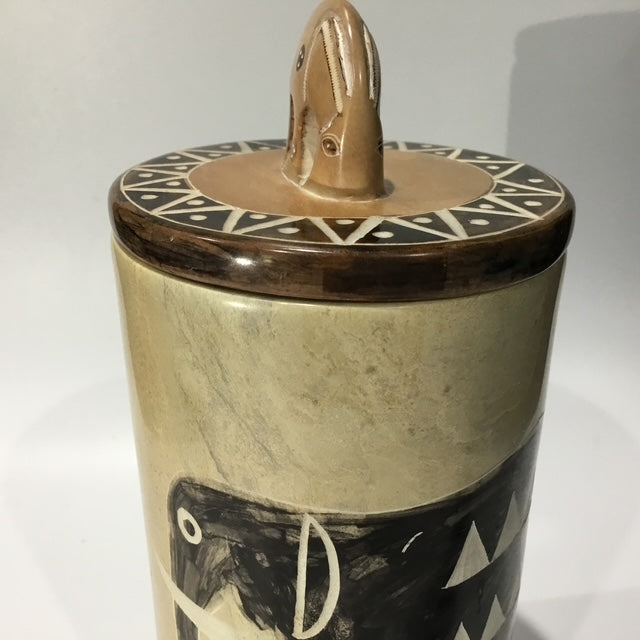 Hand Carved Kenyan Kisii Soapstone Elephant Canister, African Decorative Stone Container, 1990s Global Home Decor 20cm tall