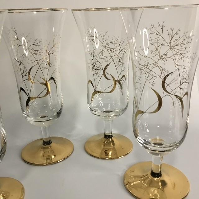 Wine Glasses, Floral & Gold footed Retro, lot 4, Pedestal Wedding Christmas Glasses