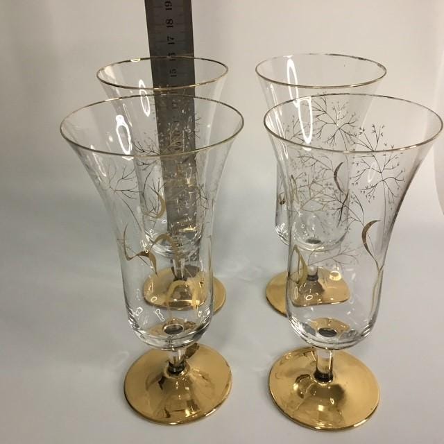 Wine Glasses, Floral & Gold footed Retro, lot 4, Pedestal Wedding Christmas Glasses