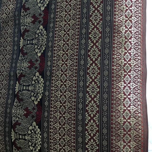 Thai fabric 3.6m by 101cm wide, gold red black, elephants, unsure of fabric contents or age
