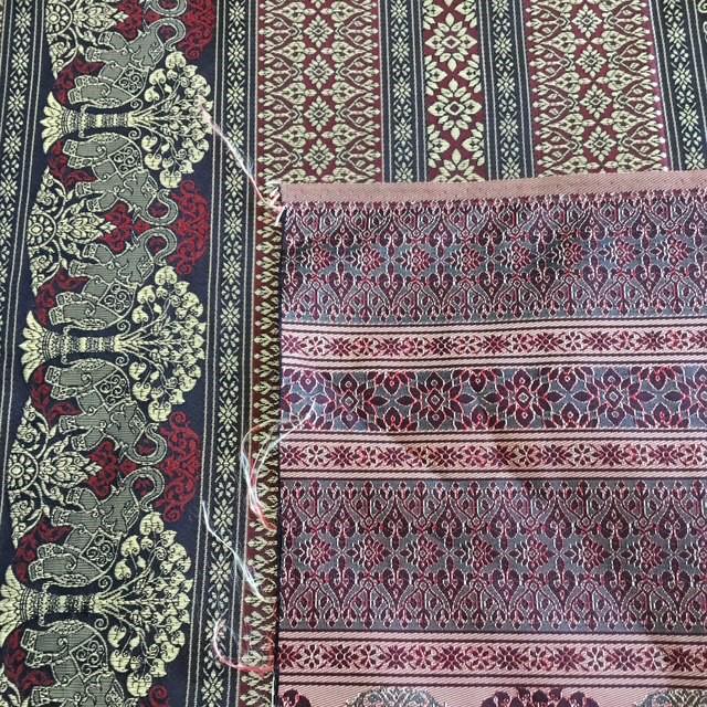 Thai fabric 3.6m by 101cm wide, gold red black, elephants, unsure of fabric contents or age