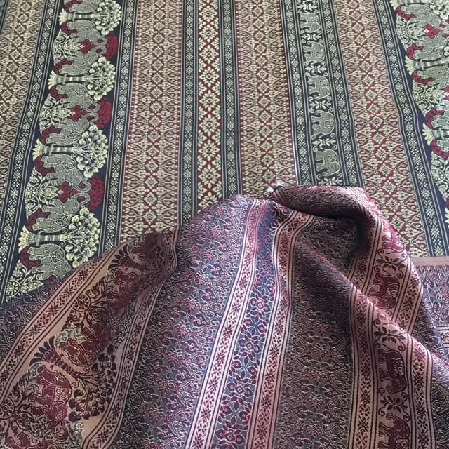 Thai fabric 3.6m by 101cm wide, gold red black, elephants, unsure of fabric contents or age