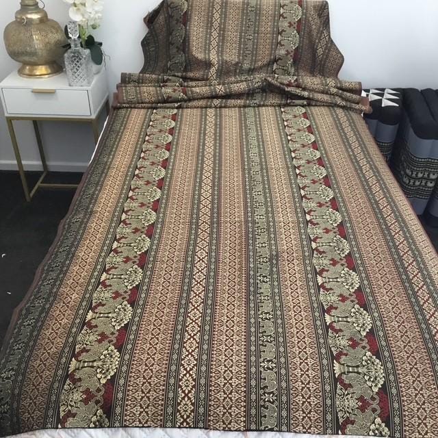 Thai fabric 3.6m by 101cm wide, gold red black, elephants, unsure of fabric contents or age