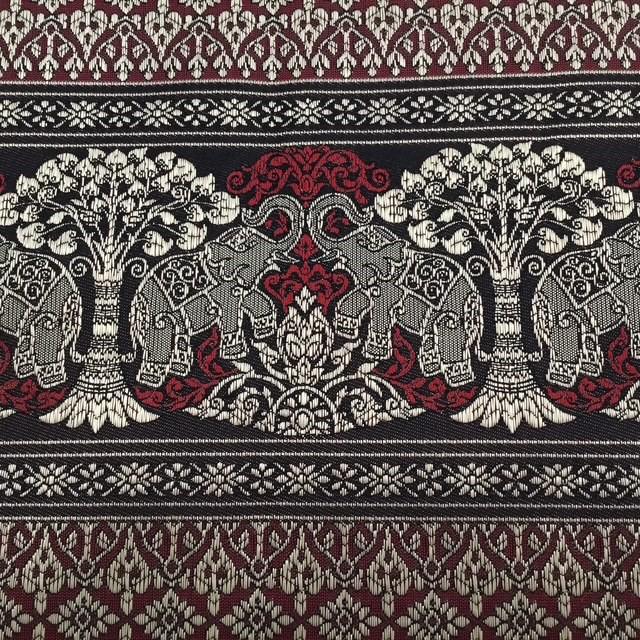 Thai fabric 3.6m by 101cm wide, gold red black, elephants, unsure of fabric contents or age