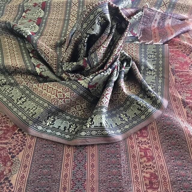 Thai fabric 3.6m by 101cm wide, gold red black, elephants, unsure of fabric contents or age