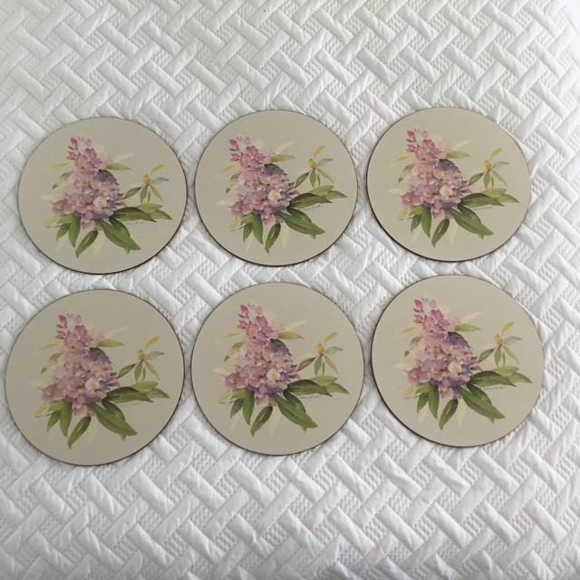 Placemats by Jason, rhododendron pattern purple, pink 6 items original box cork backed
