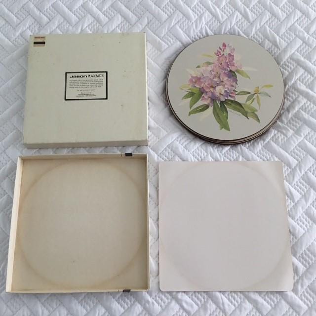 Placemats by Jason, rhododendron pattern purple, pink 6 items original box cork backed