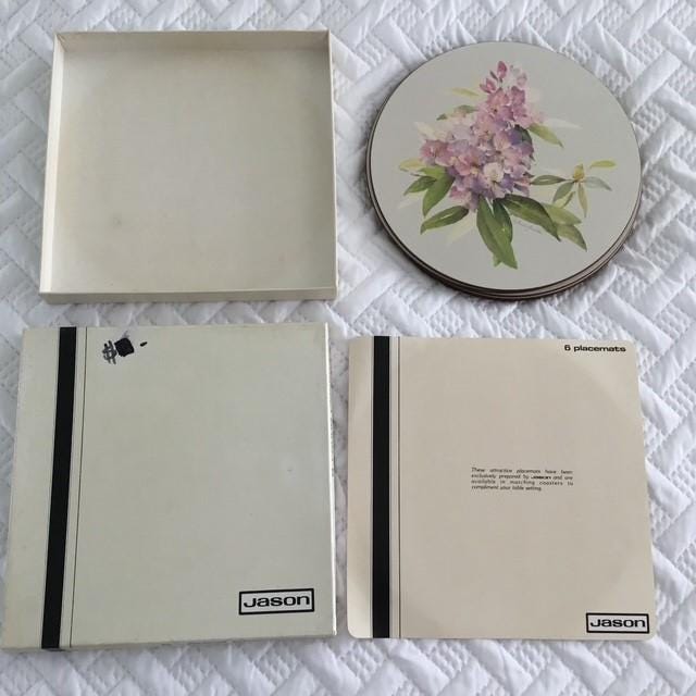 Placemats by Jason, rhododendron pattern purple, pink 6 items original box cork backed