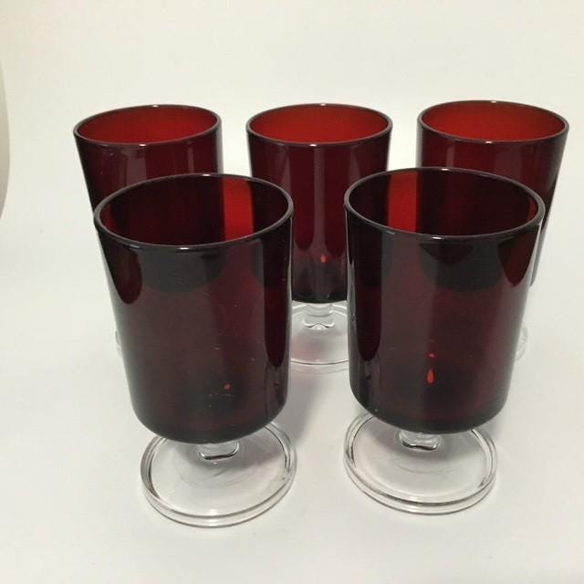 Vintage Ruby Red Glasses marked France, set of 5 Shot Port Liqueur glass, look like Luminarc?