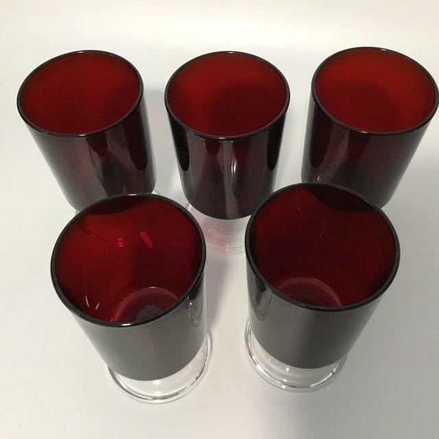 Vintage Ruby Red Glasses marked France, set of 5 Shot Port Liqueur glass, look like Luminarc?