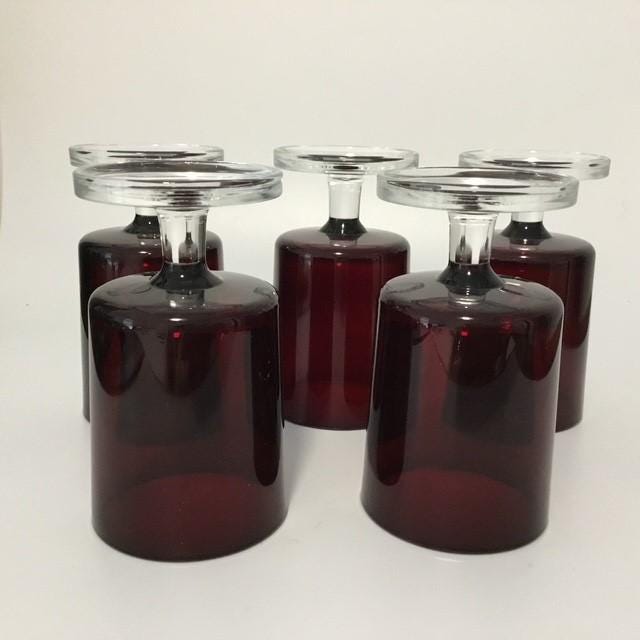 Vintage Ruby Red Glasses marked France, set of 5 Shot Port Liqueur glass, look like Luminarc?