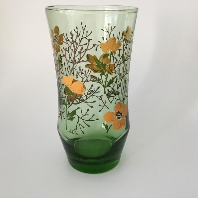 Vintage M Dia Green glass and orange Flowers Floral Glass