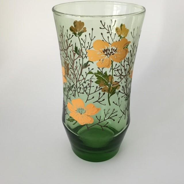 Vintage M Dia Green glass and orange Flowers Floral Glass