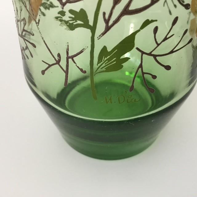 Vintage M Dia Green glass and orange Flowers Floral Glass