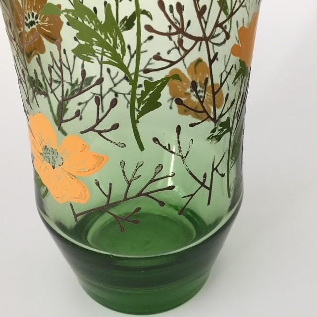 Vintage M Dia Green glass and orange Flowers Floral Glass