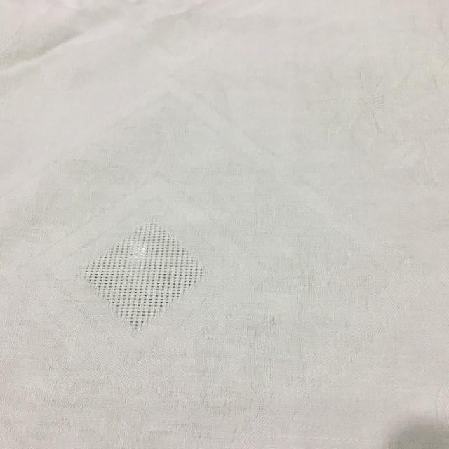Vintage Confestyl tablecloth and 10 napkins, 240cm by 130cm, light green, crochet edge, some marks