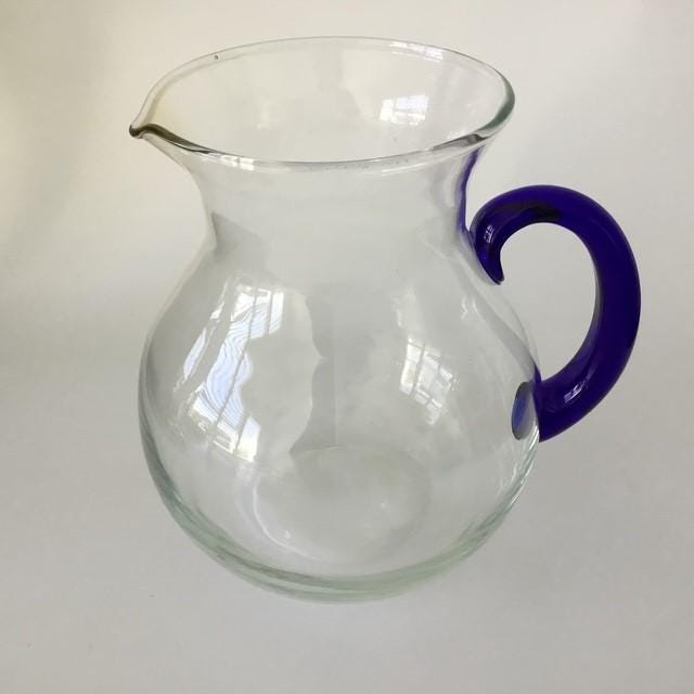 Vintage Glass Jug with Blue Art Glass Handle, 1000ml or 1 ltr with slight Green Tinge