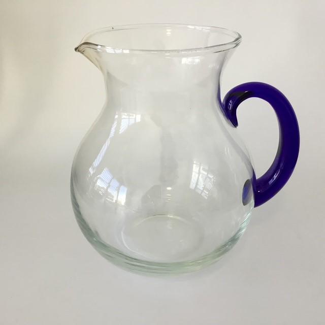 Vintage Glass Jug with Blue Art Glass Handle, 1000ml or 1 ltr with slight Green Tinge