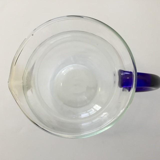 Vintage Glass Jug with Blue Art Glass Handle, 1000ml or 1 ltr with slight Green Tinge