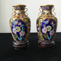 Two Small Cloisonne Vases, Floral Theme on Stands, 12cm high with stands