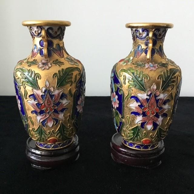 Two Small Cloisonne Vases, Floral Theme on Stands, 12cm high with stands