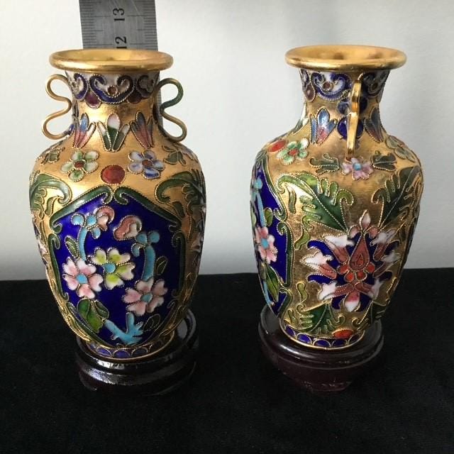 Two Small Cloisonne Vases, Floral Theme on Stands, 12cm high with stands
