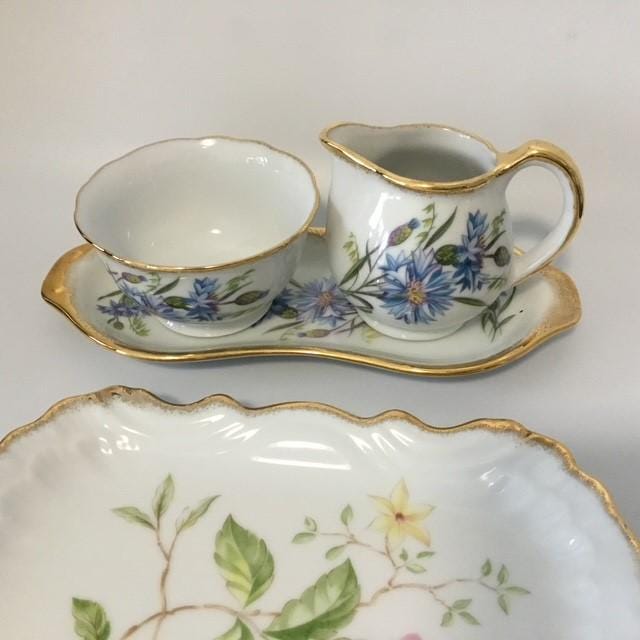 Westminster China 803 pattern milk jug, sugar bowl and tray set (older 1970's) + cookie tray (newer but still vintage)
