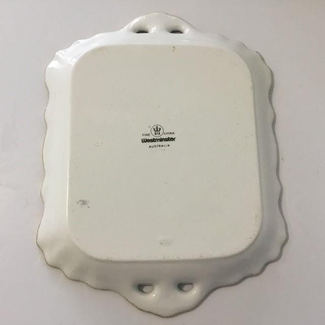 Westminster China 803 pattern milk jug, sugar bowl and tray set (older 1970's) + cookie tray (newer but still vintage)