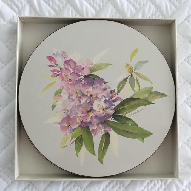 Placemats by Jason, rhododendron pattern purple, pink 6 items original box cork backed