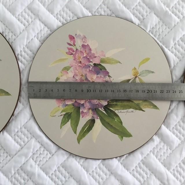 Placemats by Jason, rhododendron pattern purple, pink 6 items original box cork backed