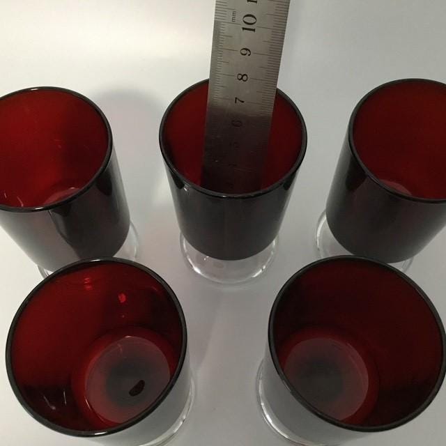 Vintage Ruby Red Glasses marked France, set of 5 Shot Port Liqueur glass, look like Luminarc?