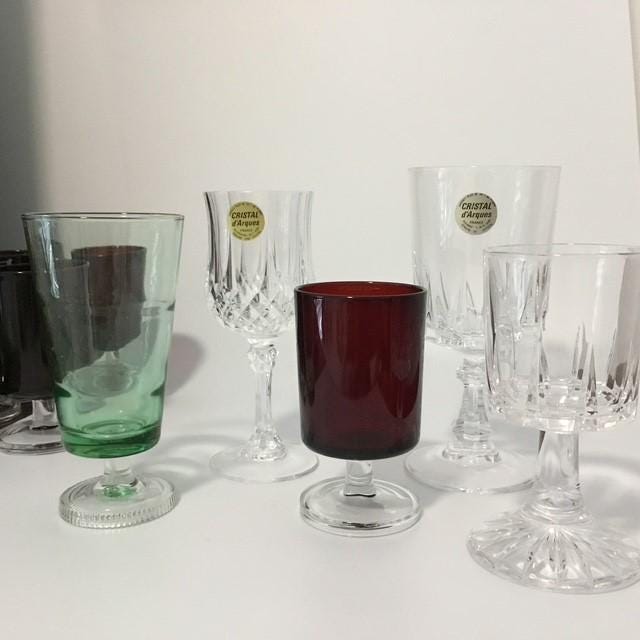 Vintage Ruby Red Glasses marked France, set of 5 Shot Port Liqueur glass, look like Luminarc?