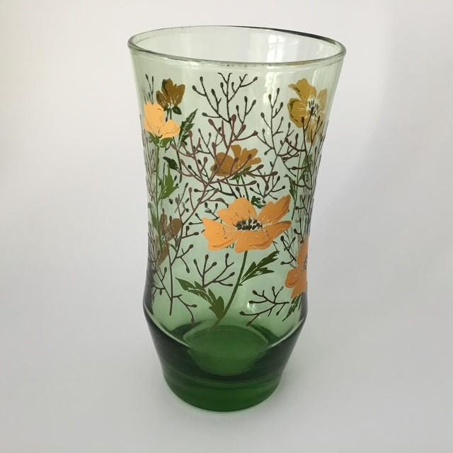 Vintage M Dia Green glass and orange Flowers Floral Glass