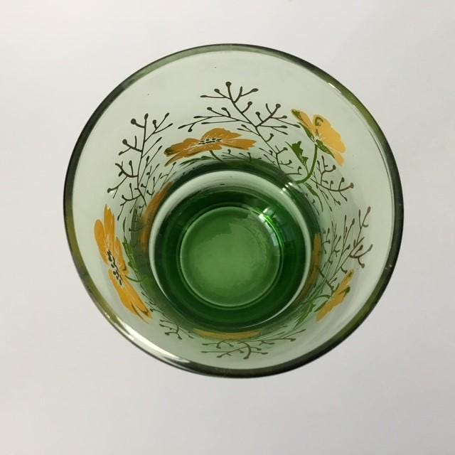 Vintage M Dia Green glass and orange Flowers Floral Glass