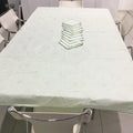 Vintage Confestyl tablecloth and 10 napkins, 240cm by 130cm, light green, crochet edge, some marks