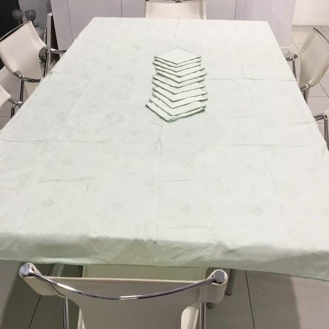 Vintage Confestyl tablecloth and 10 napkins, 240cm by 130cm, light green, crochet edge, some marks