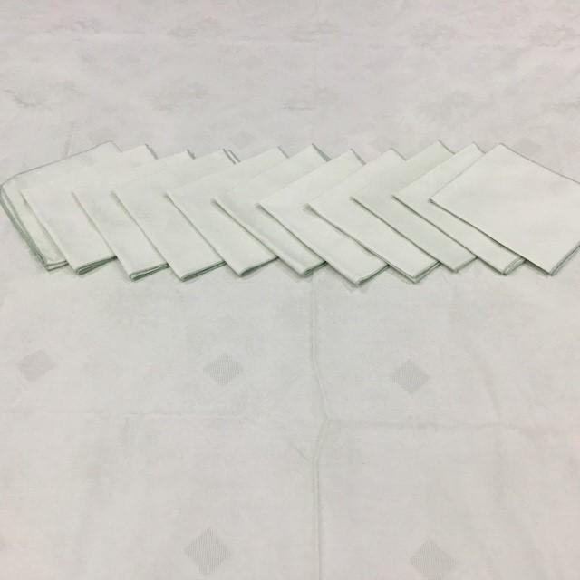 Vintage Confestyl tablecloth and 10 napkins, 240cm by 130cm, light green, crochet edge, some marks