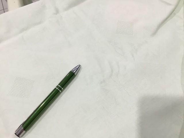 Vintage Confestyl tablecloth and 10 napkins, 240cm by 130cm, light green, crochet edge, some marks