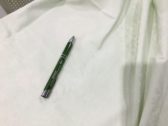 Vintage Confestyl tablecloth and 10 napkins, 240cm by 130cm, light green, crochet edge, some marks