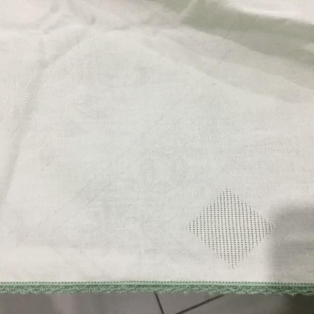 Vintage Confestyl tablecloth and 10 napkins, 240cm by 130cm, light green, crochet edge, some marks