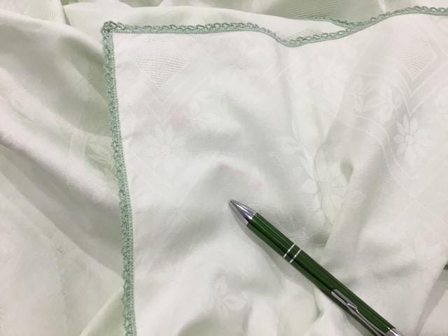 Vintage Confestyl tablecloth and 10 napkins, 240cm by 130cm, light green, crochet edge, some marks