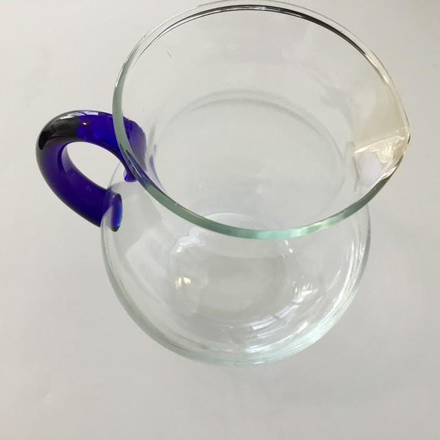 Vintage Glass Jug with Blue Art Glass Handle, 1000ml or 1 ltr with slight Green Tinge