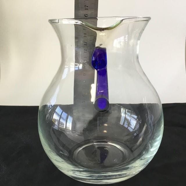 Vintage Glass Jug with Blue Art Glass Handle, 1000ml or 1 ltr with slight Green Tinge