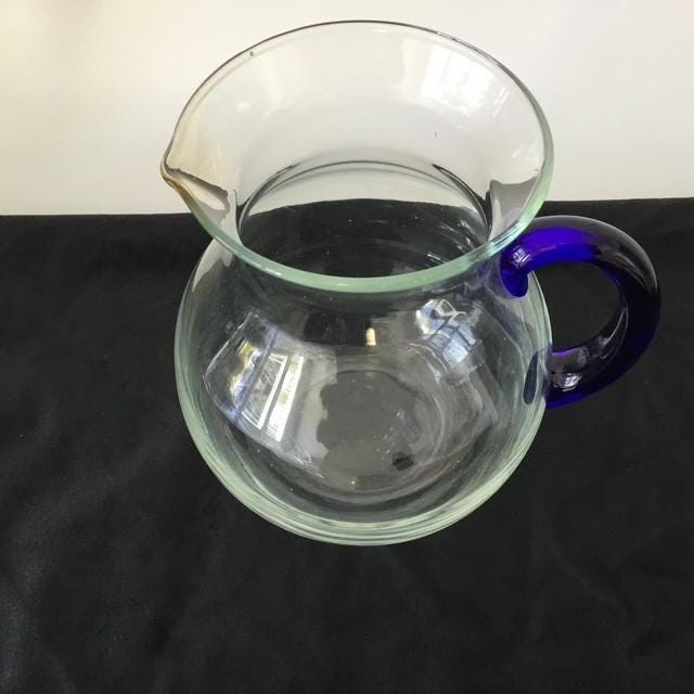 Vintage Glass Jug with Blue Art Glass Handle, 1000ml or 1 ltr with slight Green Tinge