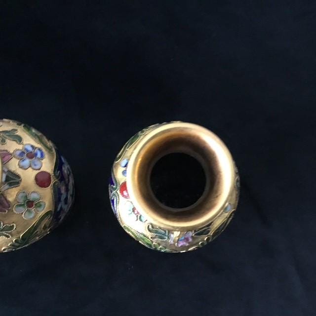 Two Small Cloisonne Vases, Floral Theme on Stands, 12cm high with stands