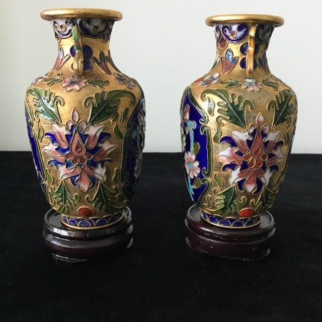 Two Small Cloisonne Vases, Floral Theme on Stands, 12cm high with stands