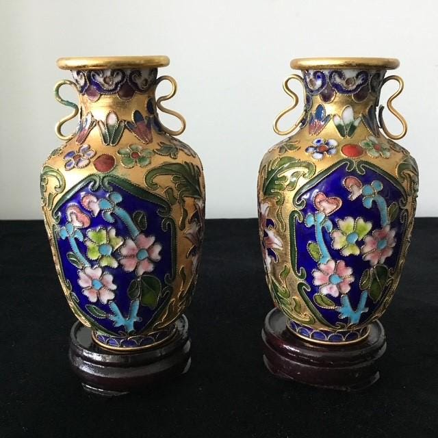 Two Small Cloisonne Vases, Floral Theme on Stands, 12cm high with stands
