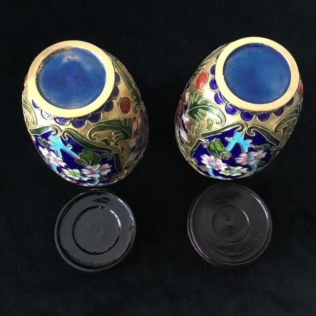 Two Small Cloisonne Vases, Floral Theme on Stands, 12cm high with stands