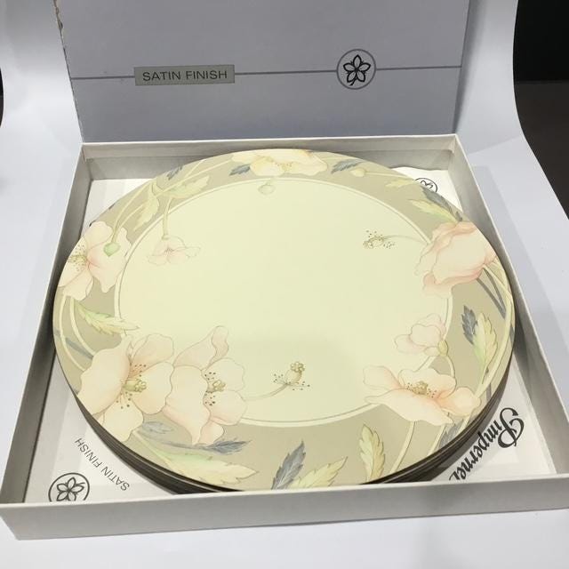 Vintage Pimpernel Round Placemats, Set of 6, Cork Backed, English Nouveau Rose/Taupe, Made in UK, Retro Dining Decor